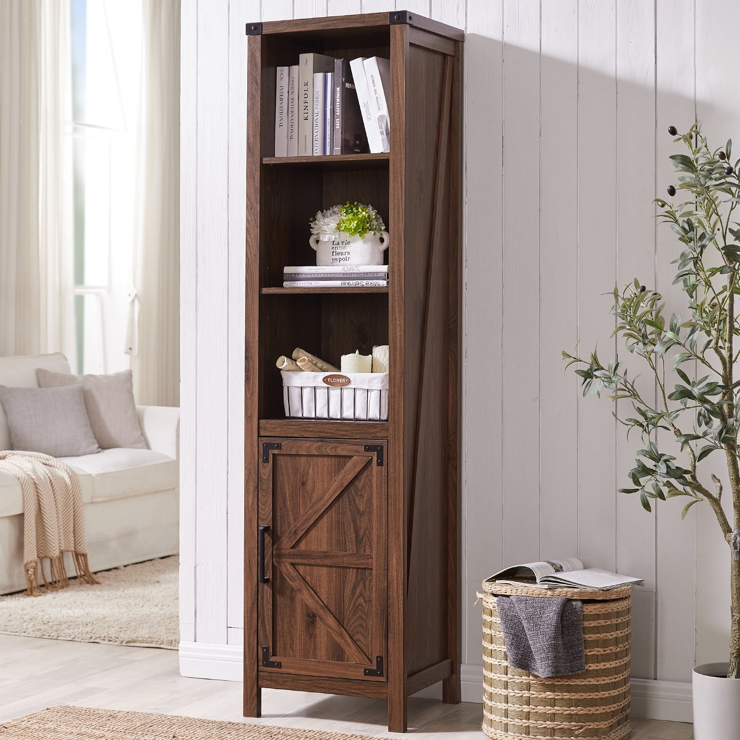 T4TREAM 5 Tier Farmhouse Tall Narrow Shelves Organizer with Doors Slim Bookshelf for Home Office Brown