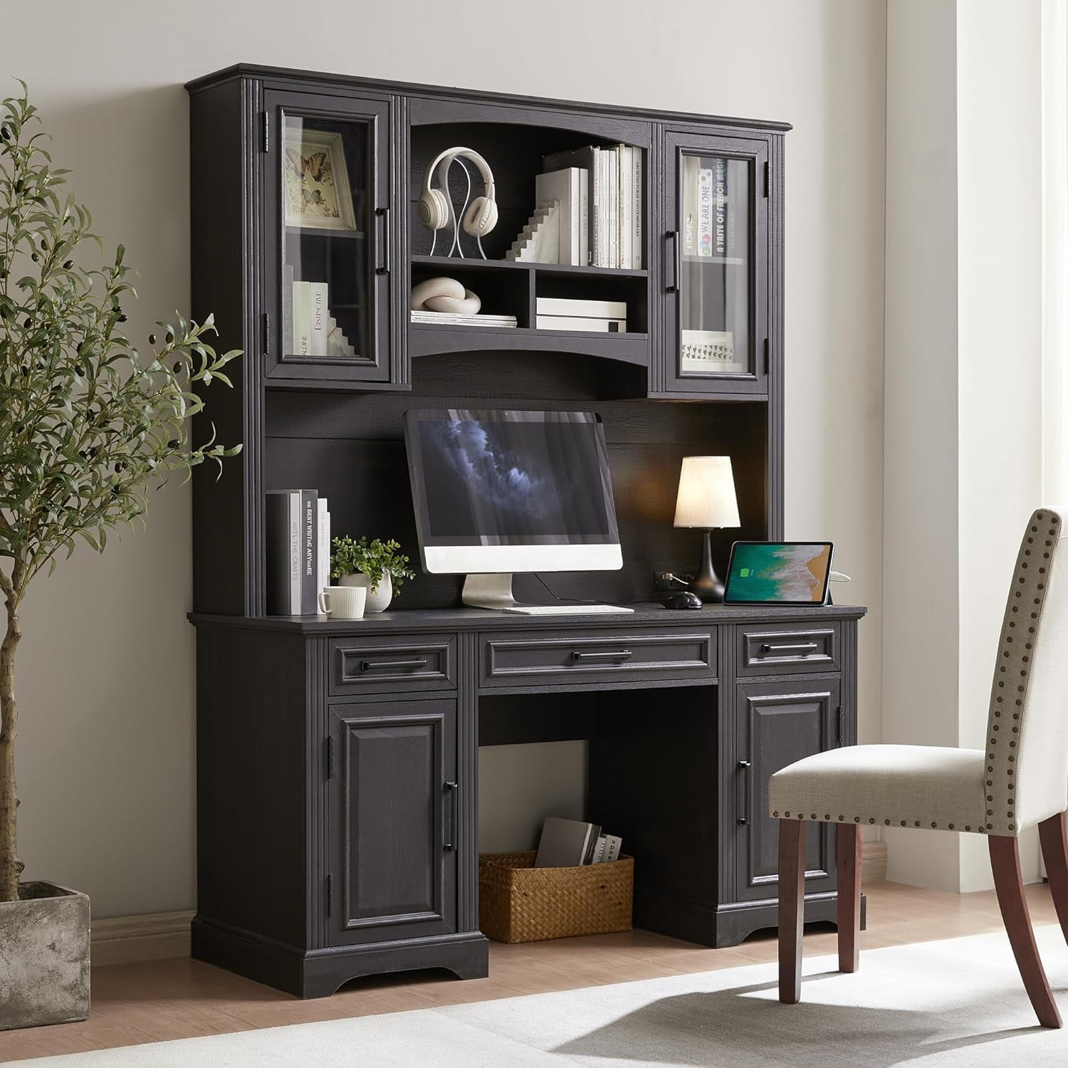 T4TREAM 58 Large Bar Cabinet with Hutch Bookshelf Drawers Storage Cabinet Office Desk with Charging Station for Office Home Black