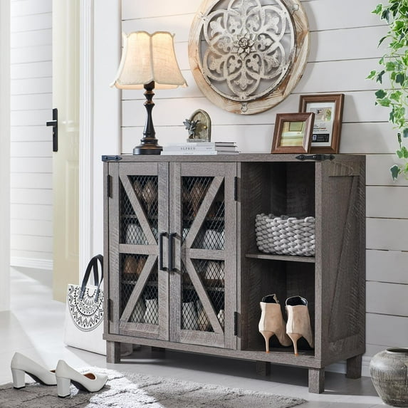 T4TREAM 6 Tiers Shoe Storage Cabinet for Hallway, Farmhouse Entryway 2-Door Shoe Rack Organizer with Adjustable Shelves, Grey