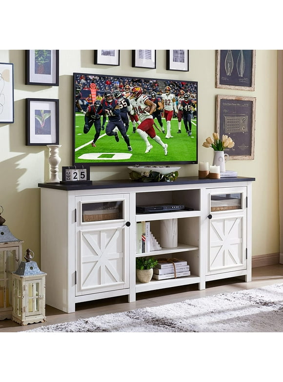 T4TREAM 66" Farmhouse TV Stand for 75 inch TV, Modern Entertainment Center with Storage Cabinets and Barn Door, White