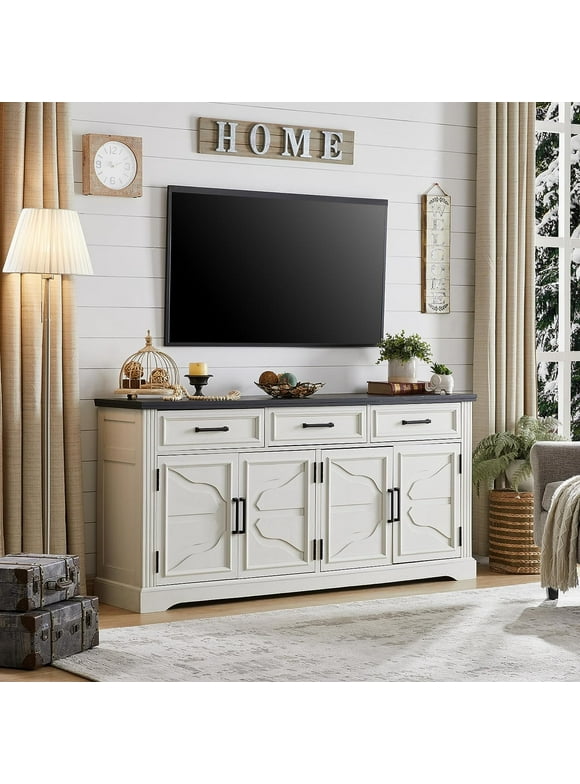 T4TREAM 66" TV Stand for TVs up to 75 inch, Farmhouse Entertainment Center with Storage Cabinet Drawer for Living Room, White
