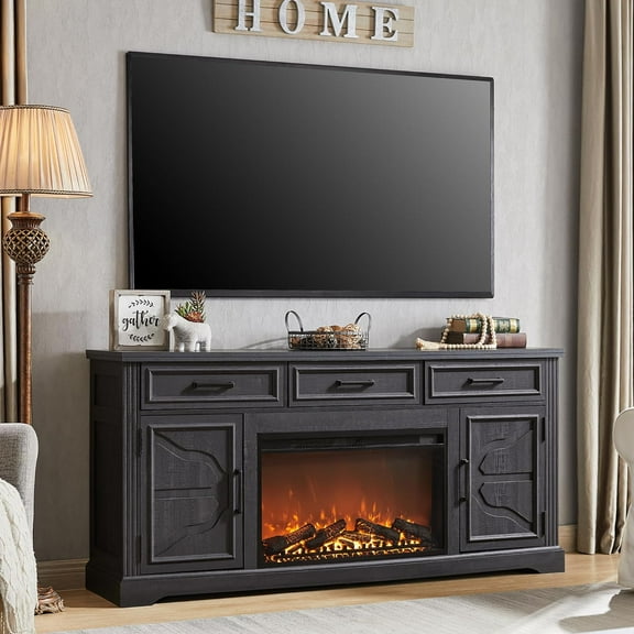 T4TREAM 70" Electric Fireplace TV Stand for 80" TV, Farmhouse Entertainment Center with Storage for Living Room in Black