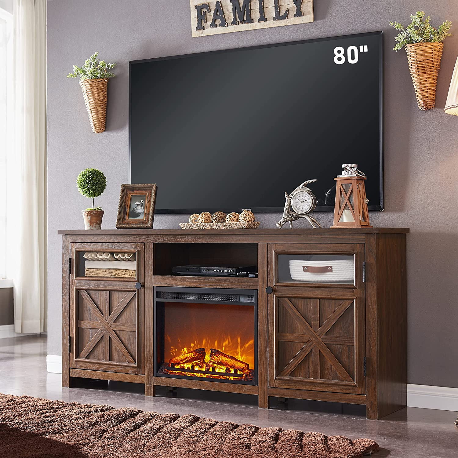 T4TREAM 70" Farmhouse Fireplace TV Stand for 80 inch TV, Modern