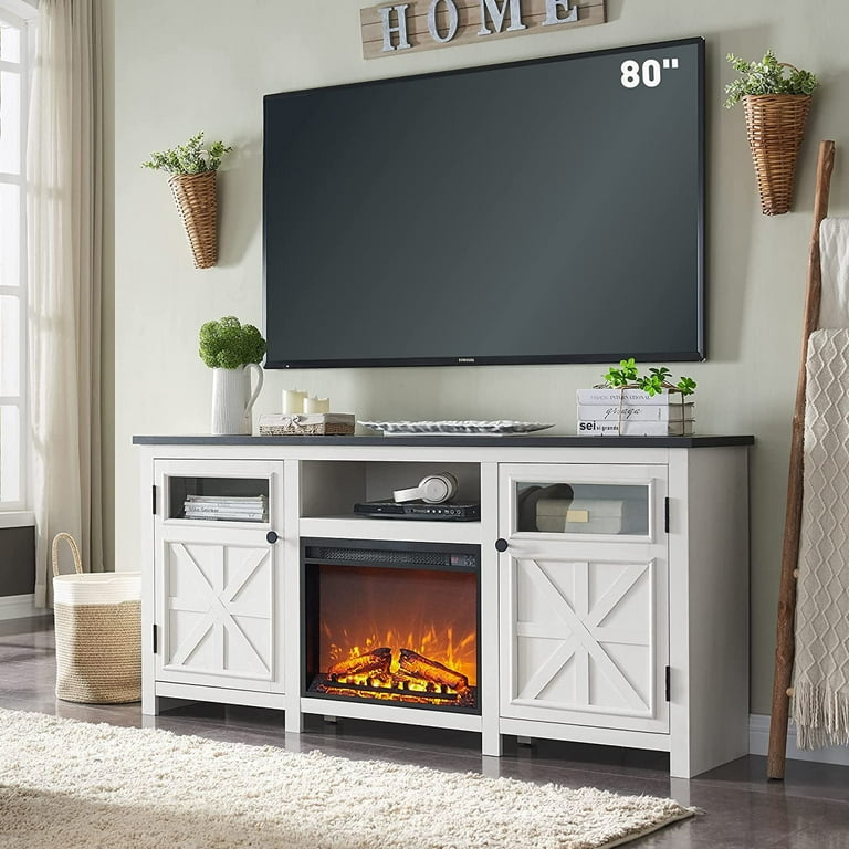 T4TREAM 70 Farmhouse Fireplace TV Stand for 80 inch TV Modern Rustic Entertainment Center with 23 Electric Fireplace and Barn Door White