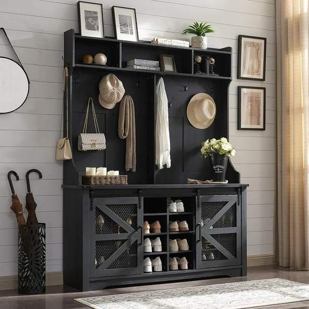 T4TREAM 77" High Entryway Bench with Sliding Barn Door and 20 Shoe