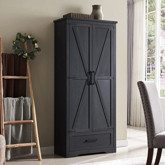 T4TREAM Farmhouse 2-Door Storage Cabinet with Adjustable Shelves and 1 Drawer for Bathroom and Living Room, Black