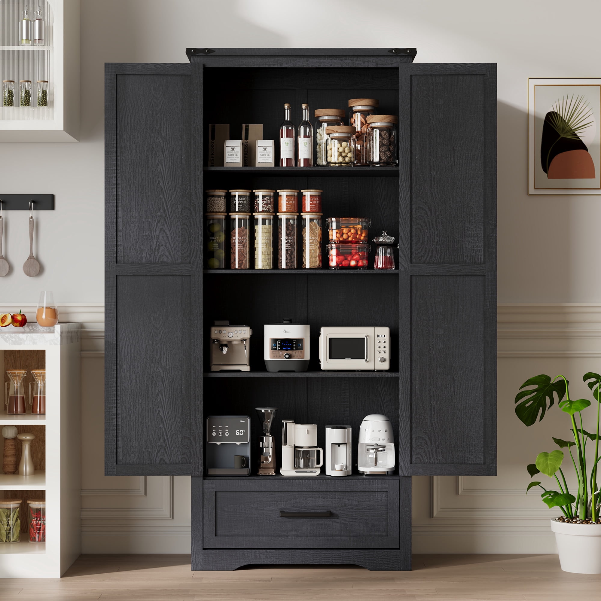 T4TREAM Farmhouse 2-Door Storage Cabinet with Adjustable Shelves and 1 Drawer for Bathroom and Living Room, Black