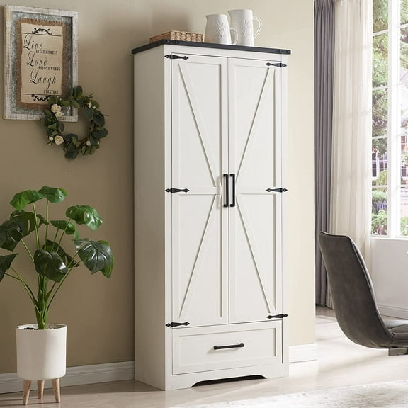 T4TREAM Farmhouse 2-Door Storage Cabinet with Adjustable Shelves and 1 Drawer for Bathroom and Living Room, White