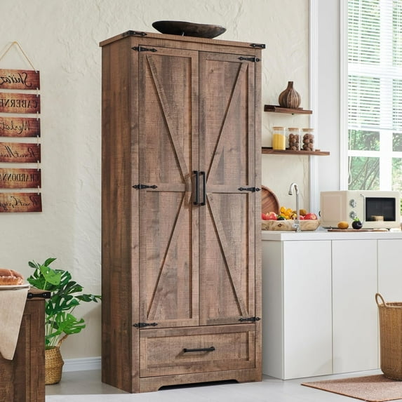 T4TREAM Farmhouse 2-Door Storage Cabinet with Adjustable Shelves and 1 Drawer, Rustic Brown