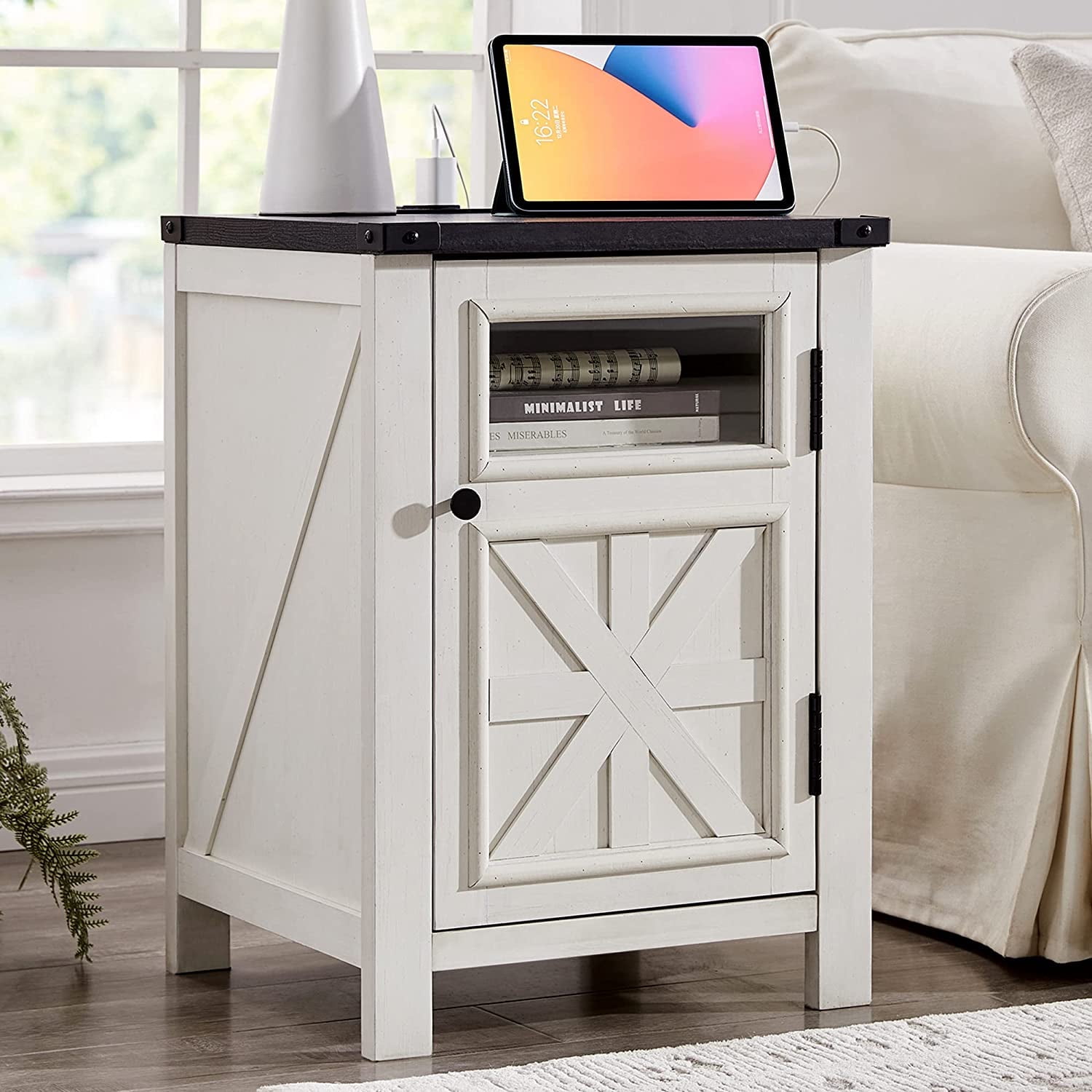 T4TREAM Farmhouse 3-Tier End Table with Charging Station, 18'' Rustic Nightstand with Barn Door for Living Room, Bedroom, Off White