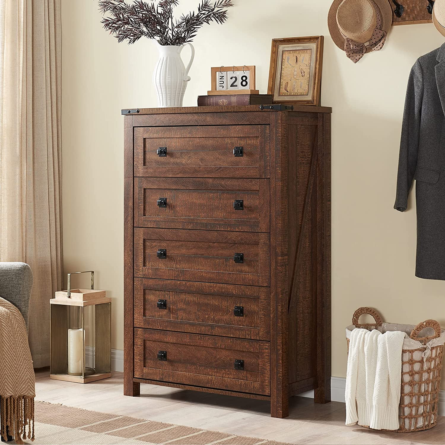 T4TREAM Farmhouse 5 Drawers Dresser Chests for Bedroom Wood Rustic Tall ...