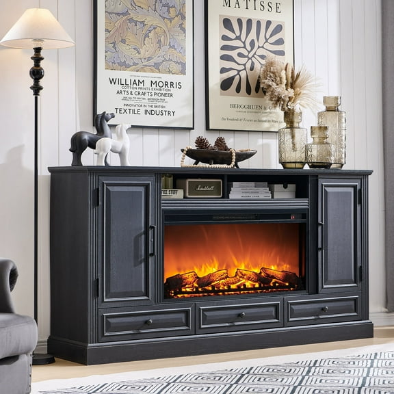 T4TREAM Farmhouse 70" Fireplace TV Stand for TVs up to 80", Entertainment Center W/36" Electric Fireplace Highboy Media Console with Large Storage Cabinets and Drawers for Living Room, Black