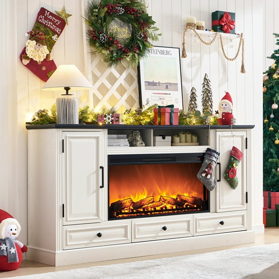 T4TREAM Farmhouse 70" Fireplace TV Stand for TVs up to 80", Entertainment Center W/36" Electric Fireplace Highboy Media Console with Large Storage Cabinets and Drawers for Living Room, Antique White