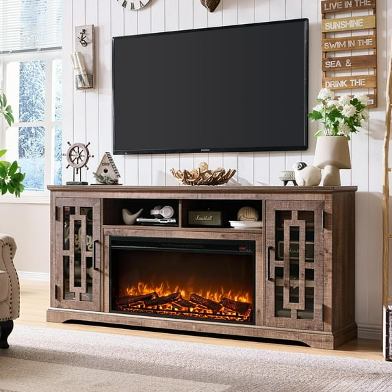 T4TREAM 70" Fireplace TV Stand for 75 80 inch TV, Farmhouse Highboy Entertainment Center for Living Room, Rustic Brown