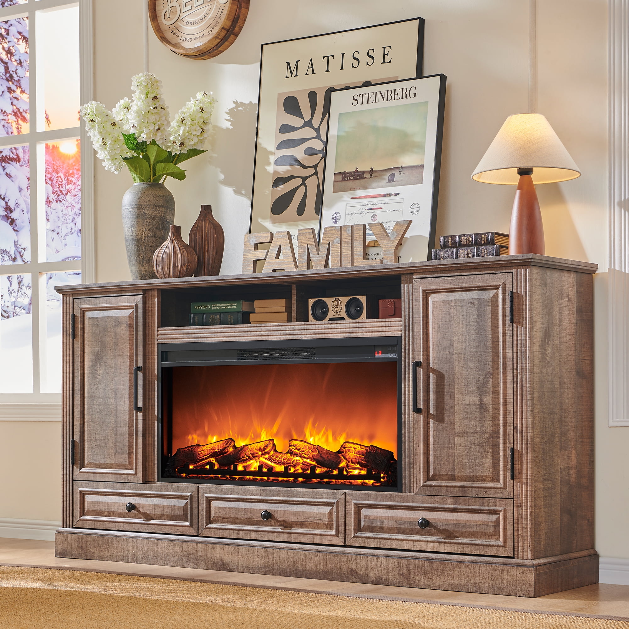 T4TREAM Farmhouse 70" Fireplace TV Stand for TVs up to 80", Entertainment Center W/36" Electric Fireplace Highboy Media Console with Large Storage Cabinets and Drawers for Living Room, Light Brown