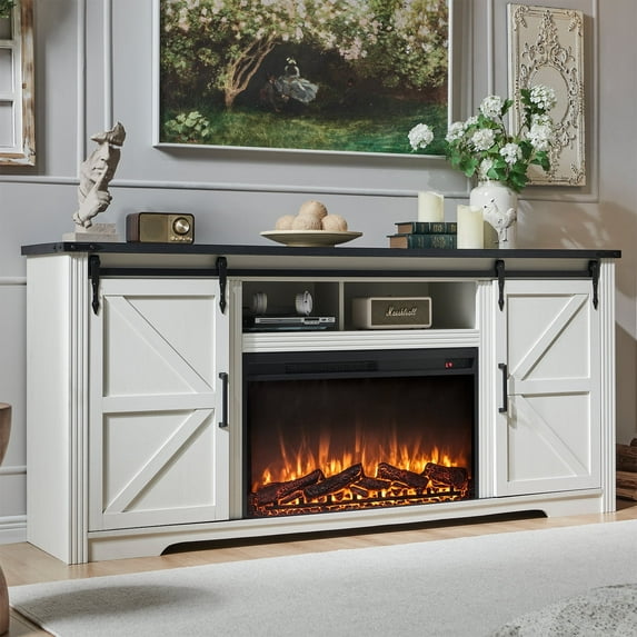 T4TREAM Farmhouse 70" Fireplace TV Stand for TVs up to 80", Highboy Entertainment Center with 30" Electric Fireplace, Off White
