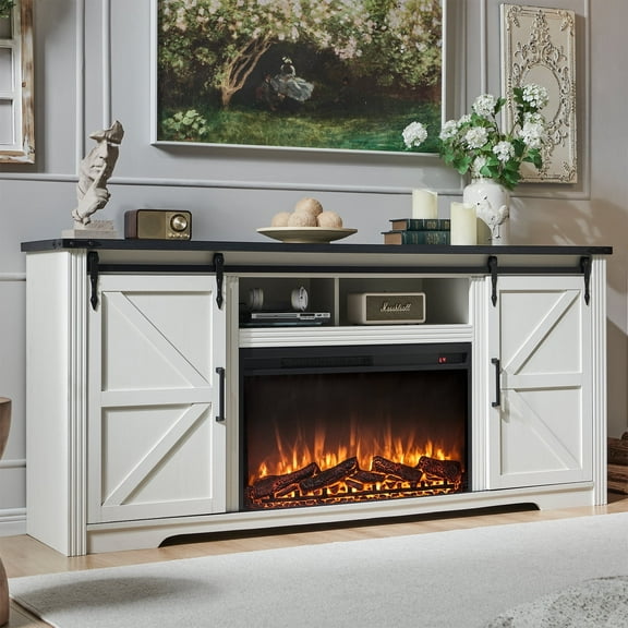T4TREAM Farmhouse 70" Fireplace TV Stand for TVs up to 80", Highboy Entertainment Center with 30" Electric Fireplace, Off White