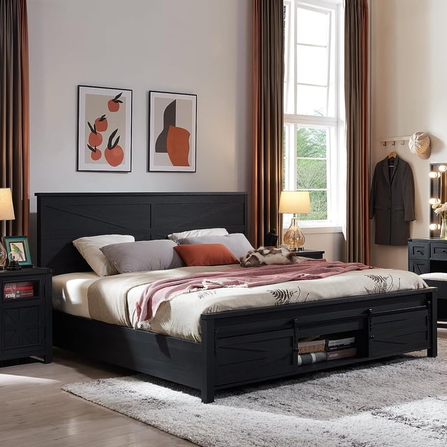 T4TREAM Farmhouse Black Queen Size Platform Bed Frame with Headboard ...