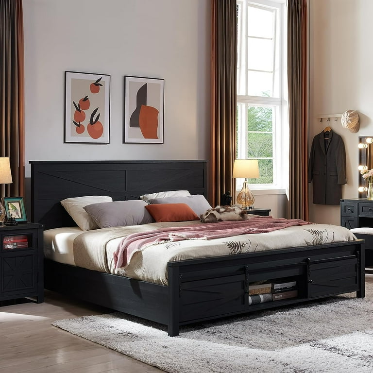 T4TREAM Farmhouse Black Queen Size Platform Bed Frame with Headboard and 3 Barn Door Storage Cabinets No Box Spring Needed Mattress Not Included