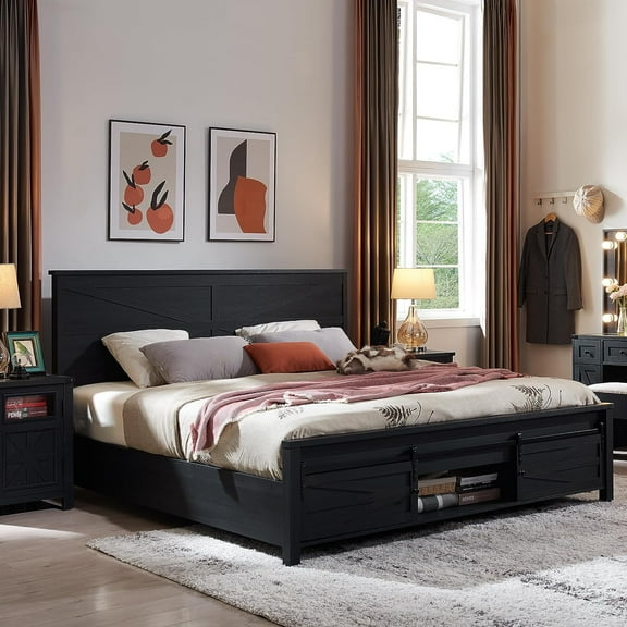 T4TREAM Farmhouse Black Queen Size Platform Bed Frame with Headboard and 3 Barn Door Storage Cabinets, No Box Spring Needed, Mattress Not Included