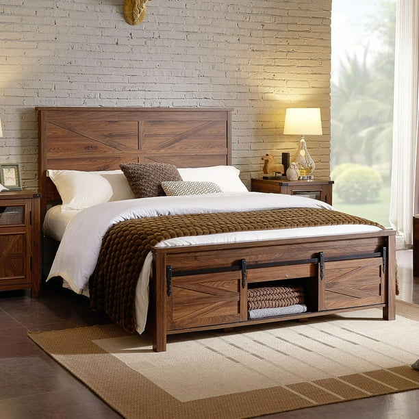 T4TREAM Farmhouse Brown Full Size Platform Bed Frame with Headboard and