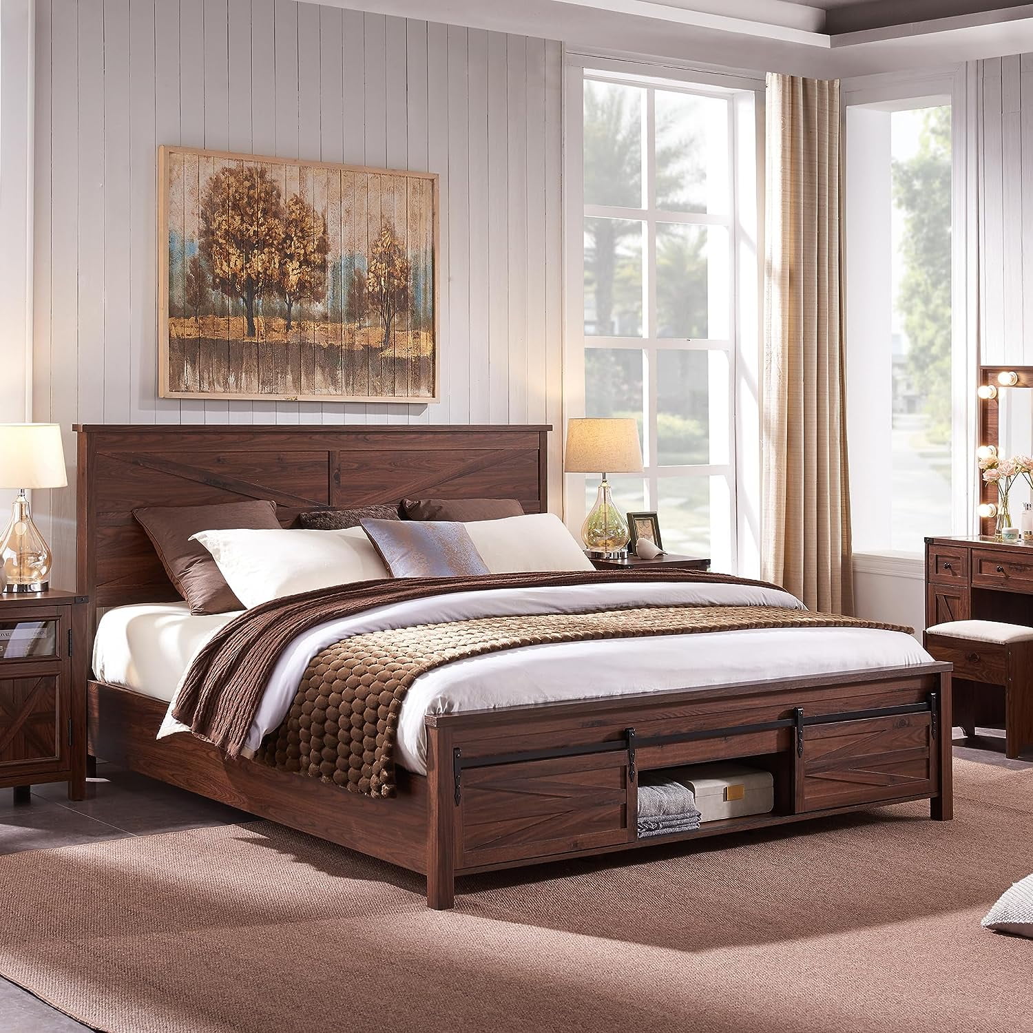 T4TREAM Farmhouse Brown Queen Size Platform Bed Frame with