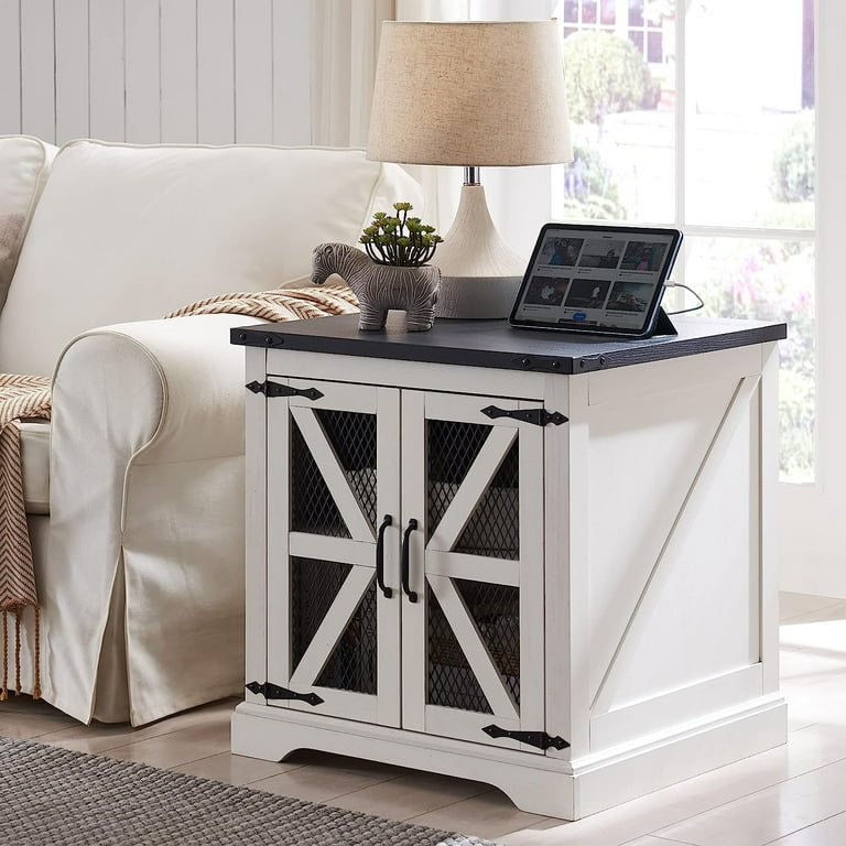 T4TREAM Farmhouse End Table with Charging Station Side Table with Mesh Door Storage Shelf Nightstand for Living Room Bedroom White Wood Tabletop
