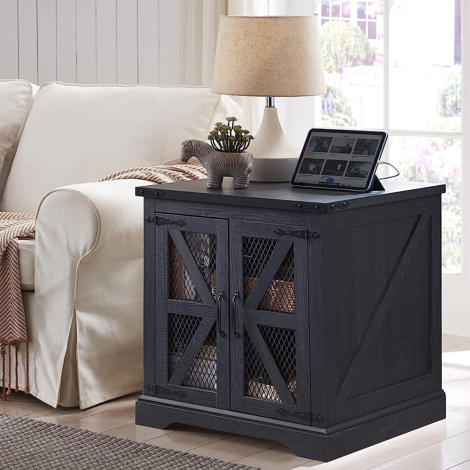 T4TREAM Farmhouse End Table with Charging Station, Side Table with Sliding Mesh Door & Storage Shelf Nightstand for Living Room Bedroom, Black,Wood