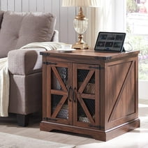 T4TREAM Farmhouse End Table with Charging Station, Side Table with Sliding Mesh Door & Storage Shelf Nightstand for Living Room Bedroom, Brown,Wood