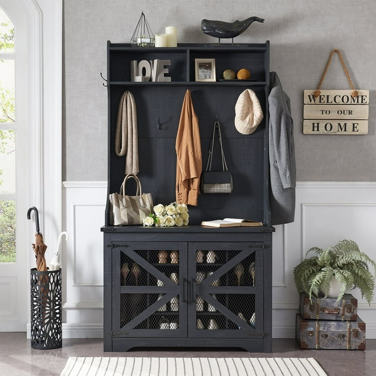 T4TREAM Farmhouse Wooden Hall Tree with Entry Doors 12 Shoe Cubbies 7 Coat Hooks Storage Bench Coat Rack Walmart
