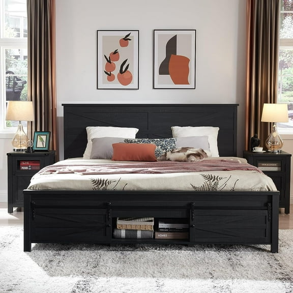 T4TREAM Farmhouse King Size Platform Bed Frame with Headboard and 3 Barn Door Storage Cabinets, No Box Spring Needed, Mattress Not Included,Black