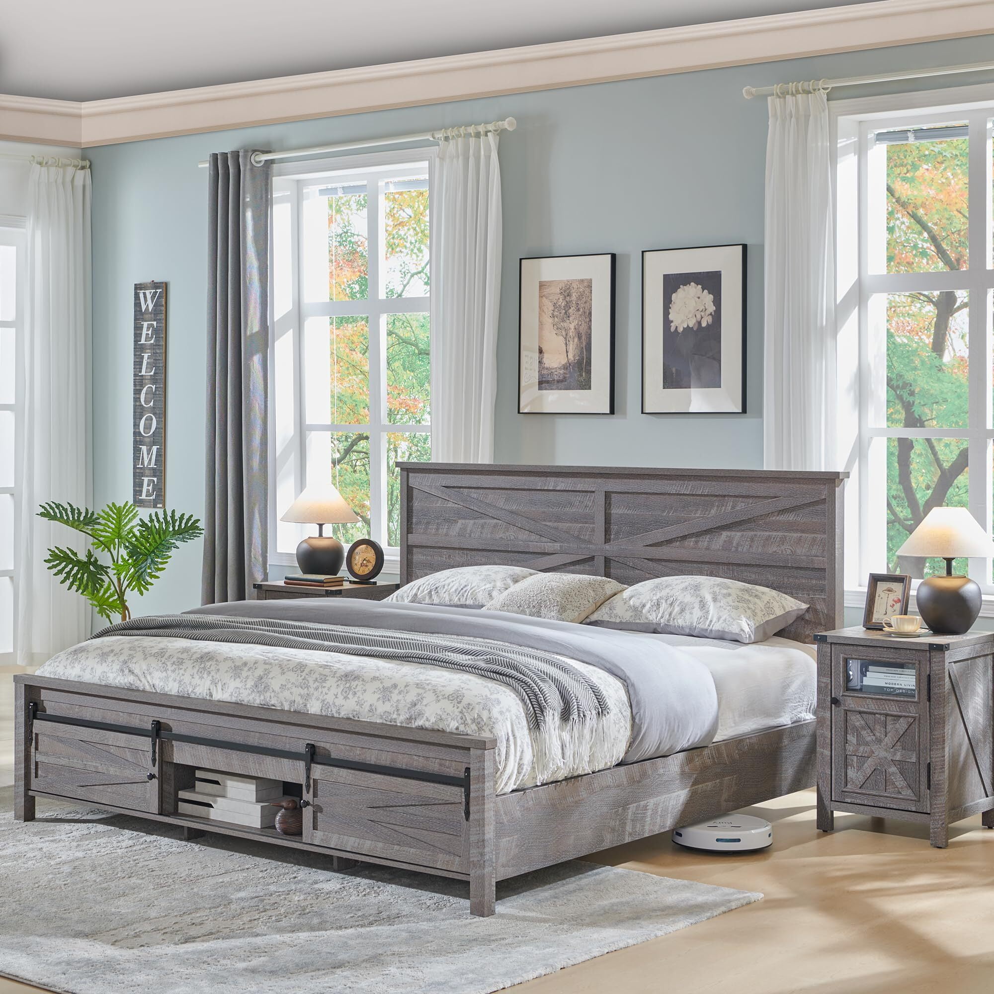 T4TREAM Farmhouse King Size Platform Bed Frame with Headboard and 3 Barn  Door Storage Cabinets, No Box Spring Needed, Mattress Not Included，Gray, image size:2000x2000