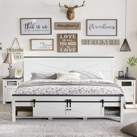 T4TREAM Farmhouse King Size Platform Bed Frame with Headboard and 3 Barn Door Storage Cabinets, No Box Spring Needed, Mattress Not Included, White
