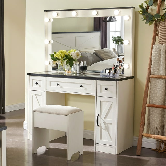 T4TREAM Farmhouse Makeup Vanity Set with 36'' Large Mirror and Lights, Glass Top Makeup Dressing ...