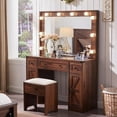 thumbnail image 1 of T4TREAM Farmhouse Makeup Vanity Table Set with Light Mirror, 3 Drawers Makeup Vanity with Storage and Adjustable Lighting Colors for Bedroom，Brown, 1 of 9