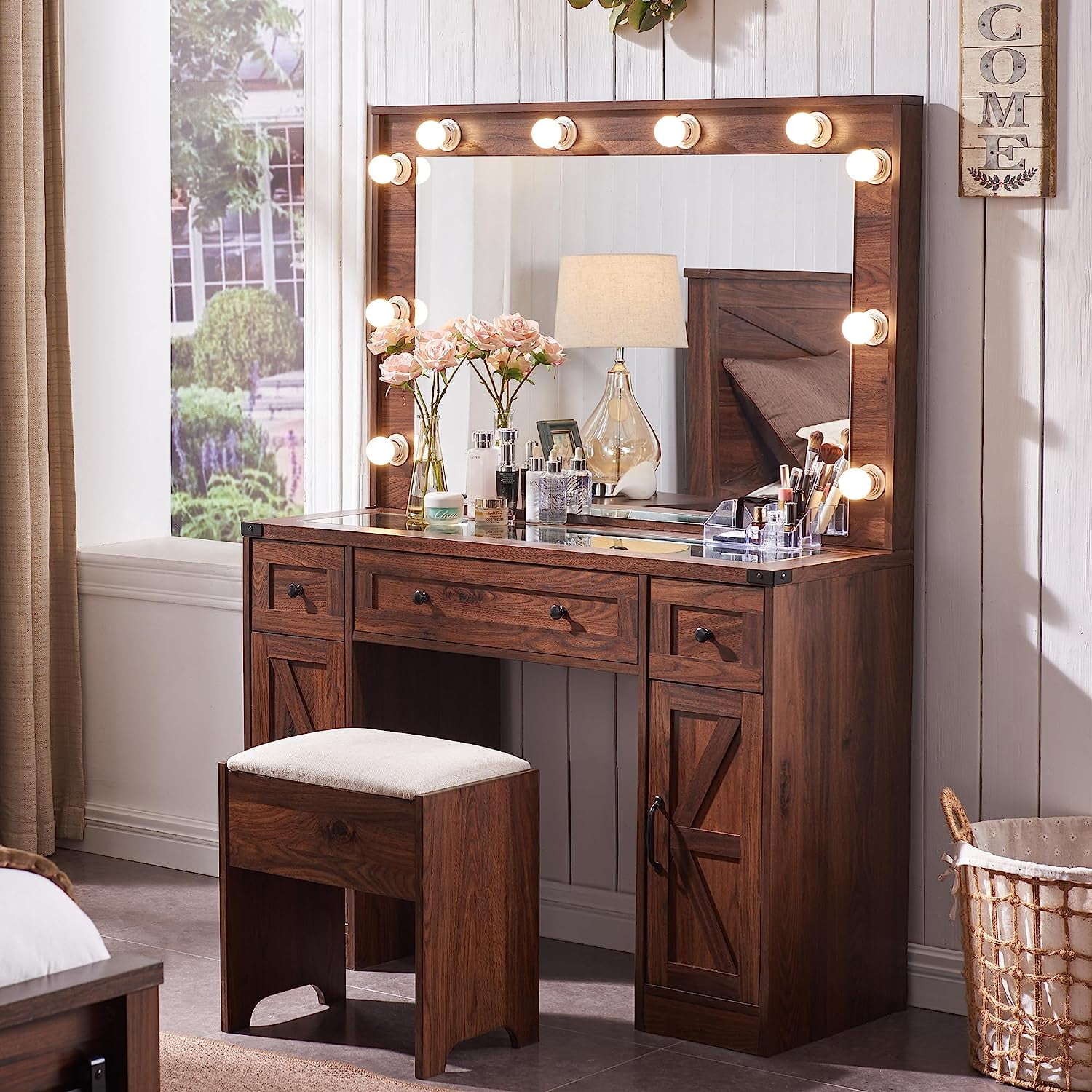 T4TREAM Farmhouse Modern Vanity Table with Mirror LED Lights Makeup