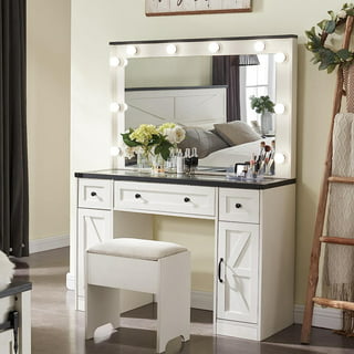Ibbie Modern Vanity Table 7 Drawers Lights Mirror Crystal Knobs Glass Top  White Painted for Bedroom 