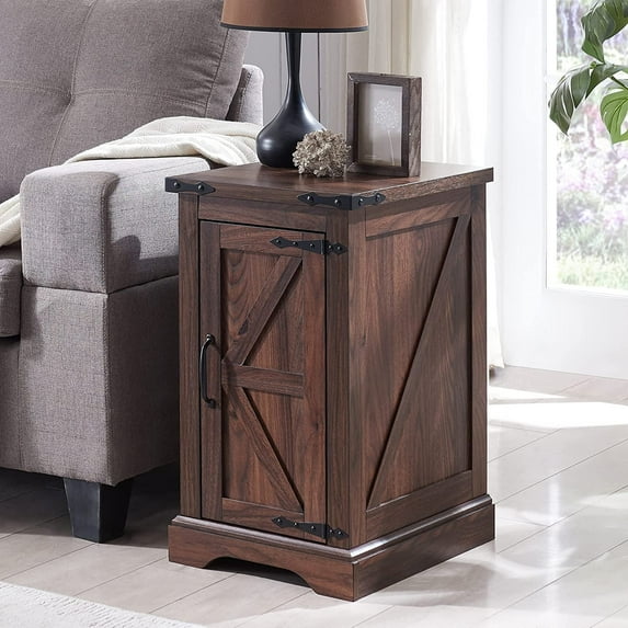 T4TREAM Farmhouse Nightstand with Charging Station, Wood End Table for Living Room, Brown