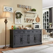 T4TREAM Farmhouse Sideboard Storage Cabinet with 3 Drawers & 4 Doors, 66'' Wide Buffet Cabinet for Dining Room, Black
