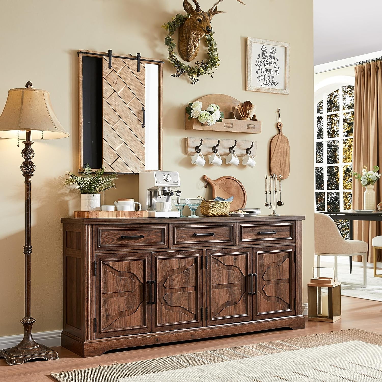 T4TREAM Farmhouse Sideboard Storage Cabinet with 3 Drawers 4 Doors 66 Wide Buffet Cabinet for Dining Room Brown