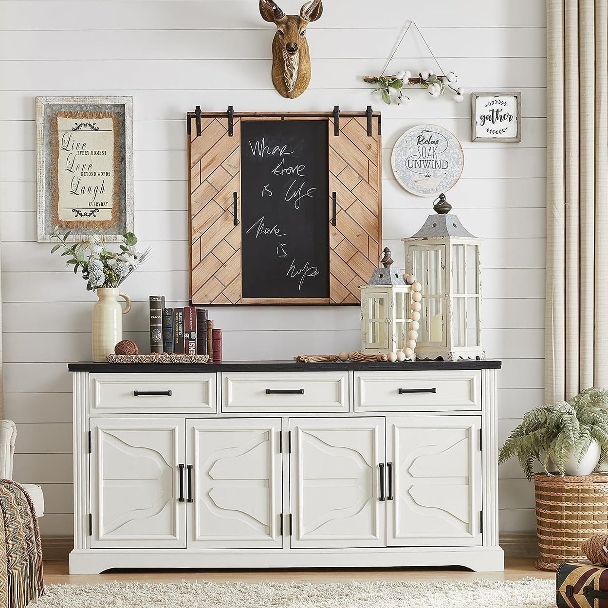 T4TREAM Farmhouse Sideboard Storage Cabinet with 3 Drawers & 4 Doors, 66'' Wide Buffet Cabinet for Dining Room, White