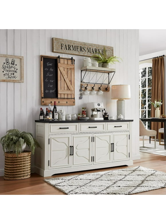 T4TREAM Farmhouse Sideboard Storage Cabinet with 3 Drawers & 4 Doors, 66'' Wide Buffet Cabinet for Dining Room, White