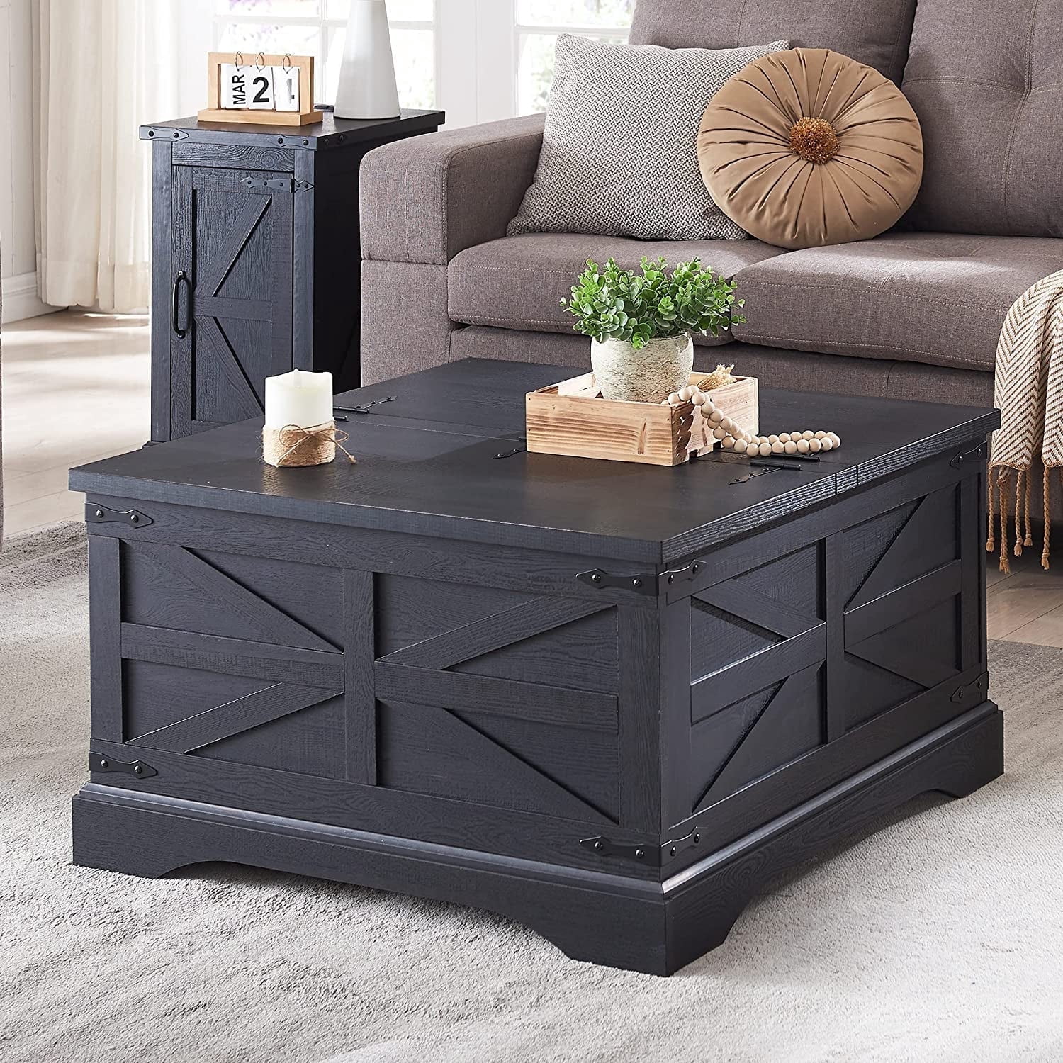 T4TREAM Farmhouse Square Wood Center Coffee Table with Lift Top and Storage for Living Room, Black