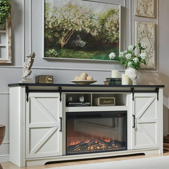 T4TREAM Farmhouse TV Stand for TVs up to 80", Entertainment Center with 30" Electric Fireplace and Sliding Barn Door&4 Drawers Storage Inside, Off White