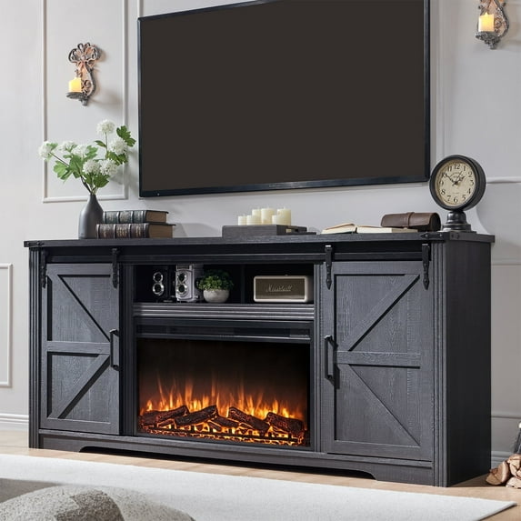 T4TREAM Farmhouse TV Stand for TVs up to 80", Entertainment Center with 30" Electric Fireplace and Sliding Barn Door&4 Drawers Storage Inside, Black