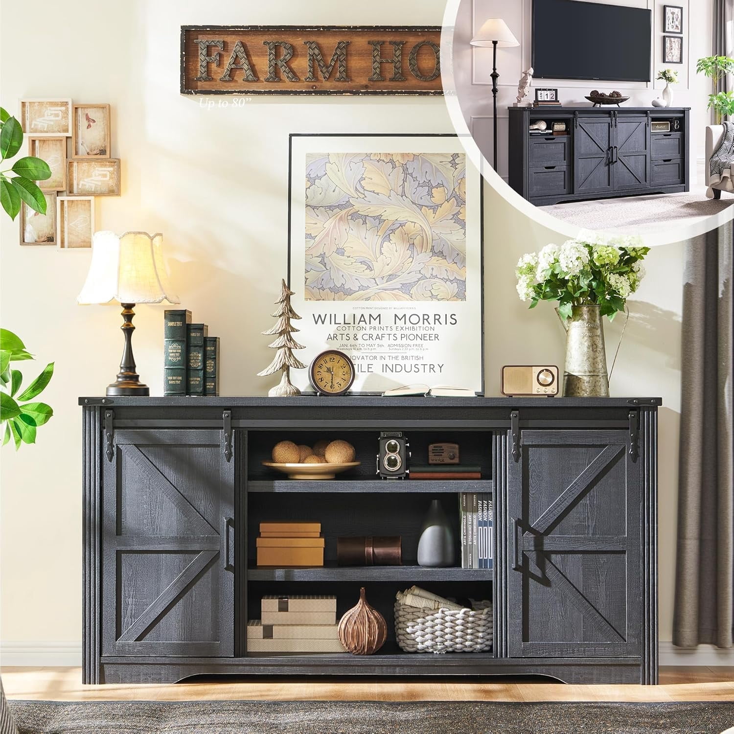 T4TREAM Farmhouse TV Stand with 4 Drawer for TVs up to 75", Farmhouse Entertainment Center with Adjustable Shelves & Barn Door, Black