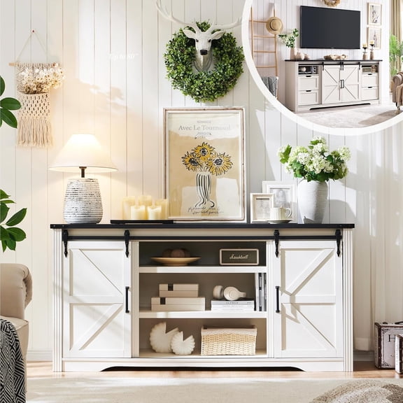 T4TREAM Farmhouse TV Stand for TVs up to 75" - Wood Entertainment Center with 4 Drawers & Barn Door & Adjustable Shelves, White