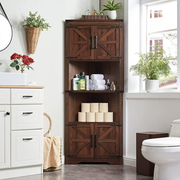 T4TREAM Farmhouse Tall Corner Storage Cabinet with Barn Door & Adjustable Shelves for Bathroom Living Room, Brown