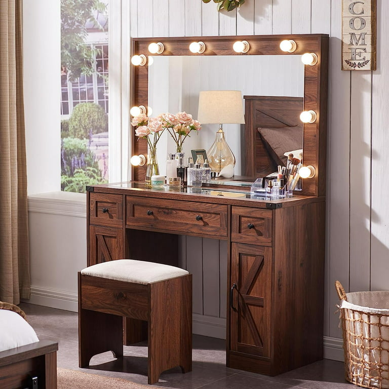 TOLEAD Vanity Set, Makeup Vanity Desk with LED Lights and Mirror,Rustic  Elegant Dressing Table with 2 Drawers & Open Storage Shelves for Women  Girls