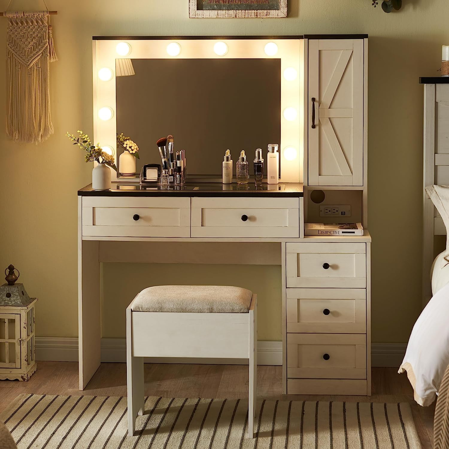 T4TREAM Farmhouse White Dressing Table Vanity Table and Stool Set Wood 